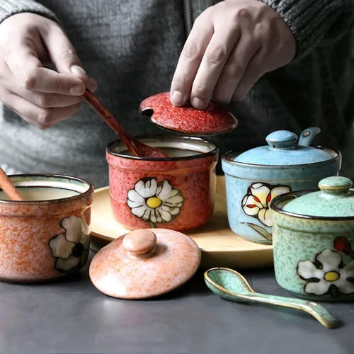 Miniatura 6 de Azucarero de cerámica hecho a mano con tapa y cuchara, tarro de condimento de porcelana de 9 onzas con diseño floral pintado a mano, recipiente