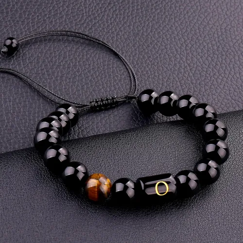 Miniatura 78 de SUMMER LOVE Regalos para el Día del Padre, pulsera con inicial de piedra de ónix negro de 0.394 pulgadas para hombres, pulsera de cuerda trenzada