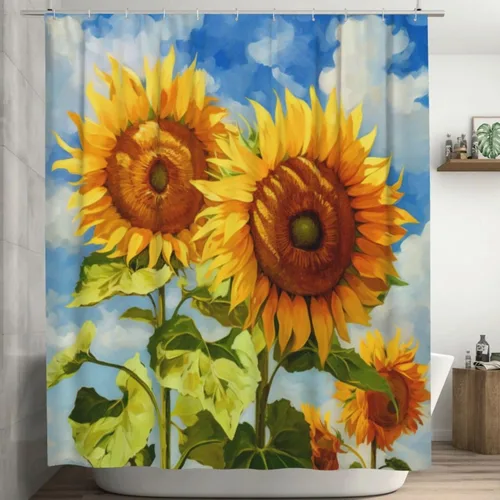 YLATY2314 - Cortina de ducha de girasol para baño, pintura al óleo, hojas verdes, flores, bohemio, tela amarilla abstracta, moderna, impermeable,