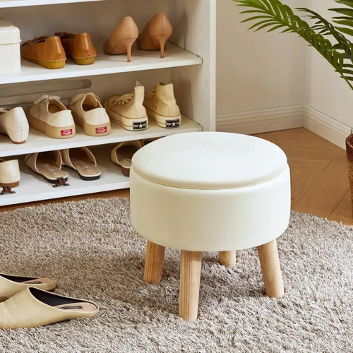 Miniatura 6 de IBUYKE Taburete otomano de 13 pulgadas con almacenamiento, reposapiés pequeño redondo con asiento acolchado y patas de madera, mini reposapiés