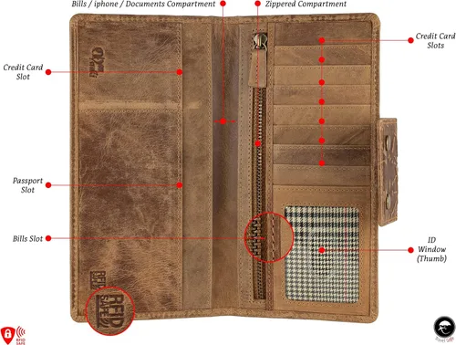 Miniatura 3 de Mou Meraki Cartera larga con bloqueo RFID de cuero genuino - Vintage Bifold para hombres (COGNAC antiguo)