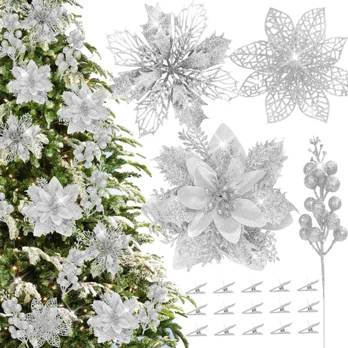 Miniatura 8 de Kit de 36 piezas de adornos de tallos de flores de nochebuena con purpurina y bayas, 24 piezas de flores artificiales con clips y 12 piezas de púas