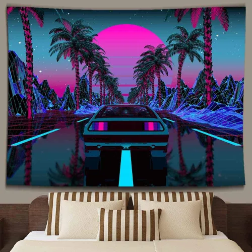 Miniatura 3 de Ine Ive Tapiz de coche de los años 80, escena urbana de la calle, palmeras, puesta de sol, cielo estrellado, tapiz de pared punk, 40 x 30 pulgadas