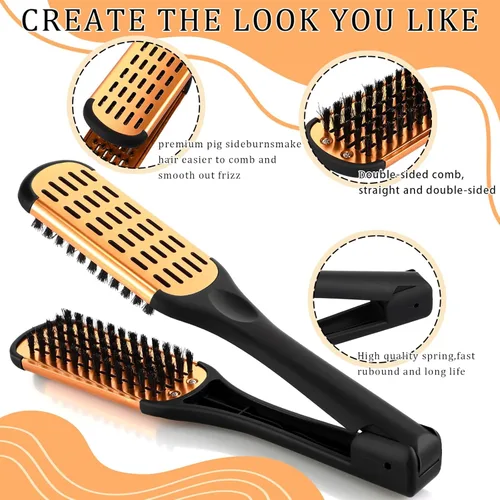 Miniatura 3 de CHENGU 2 piezas de peines para alisar el cabello, pinza de cerdas de jabalí de doble cara y cepillo en forma de V para peinar el cabello, para Negro