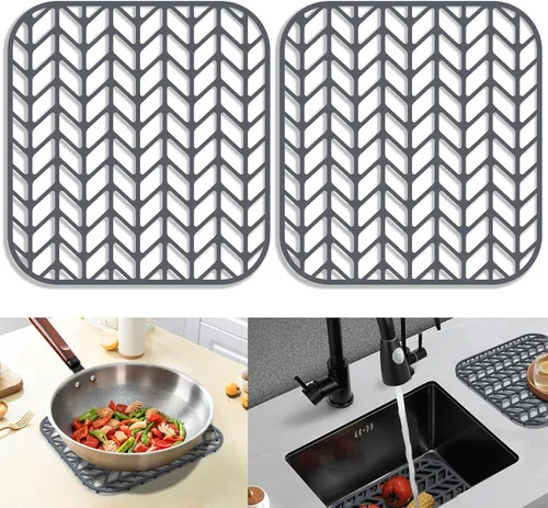 Miniatura 18 de Protectores de fregadero de cocina de 12 x 11 y 13 x 11 pulgadas, protectores de silicona para fregadero de cocina para la parte inferior del Gris