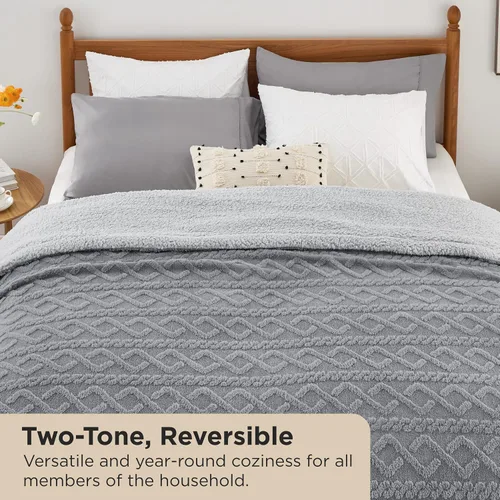 Miniatura 3 de Bedsure Manta de cable Sherpa tamaño Queen (gris y beige)
