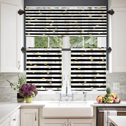 Miniatura 2 de Cenefas de cocina con rayas abstractas negras para ventanas, cenefas opacas con purpurina dorada de poliéster multicapa para cocina y dormitorio, 1