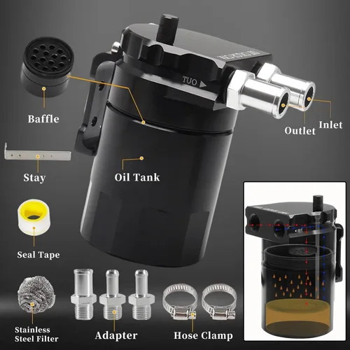 Miniatura 2 de Kit Mejorado de Depósito de Aceite con Deflectores, Separador de Aceite, Depósito de Aluminio con Línea de Combustible NBR Reforzada de 3/8", Negro