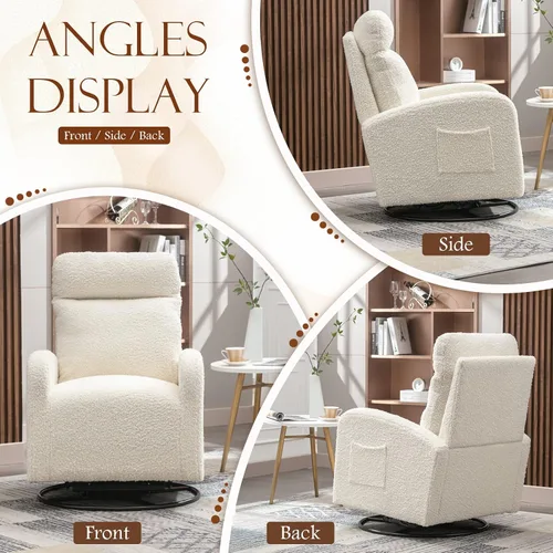 Miniatura 7 de Silla giratoria moderna, mecedora tapizada para guardería, cómoda silla mecedora con respaldo alto con bolsillo lateral y reposacabezas para sala