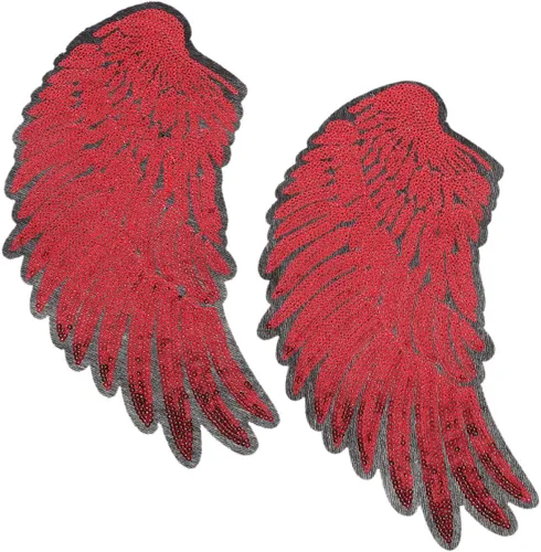 Angel Wing Sequin Embroidered Iron-on Applique Patch, Medium Red 2pcs, DIY Clothes Accessory for Jackets and Garment Sewing, Large Decorative Wings