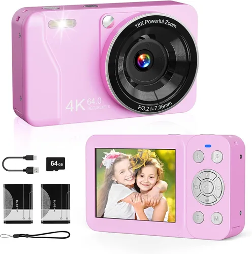 Cámara digital, 4K 64MP, 18X Zoom, cámara de punto y disparo digital con tarjeta TF de 64GB y 2 baterías, cámara pequeña recargable portátil para