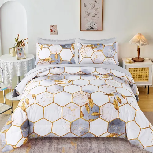 Miniatura 14 de ZRNBAST - Juego de edredón de nido de abeja negro de tamaño completo de 7 piezas, ropa de cama hexagonal suave y ligera, de mármol para todas