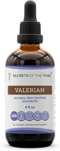 Secrets of the Tribe Tintura sin alcohol de valeriana (glicerita) 675 mg Valeriana (Valeriana Officinalis) Raíz Seca (4 Fl Oz) Suplemento de apoyo