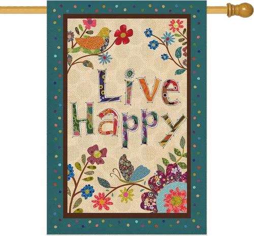 Hzppyz Live Happy - Bandera decorativa grande para casa, diseño de pájaro, primavera y verano, cita inspiradora para jardín, patio, decoración de