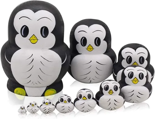 Moonmo 10 piezas Juguetes de anidación de madera con patrón de animales Muñecas rusas de anidación Matryoshka Muñecas de apilamiento (Pingüino)