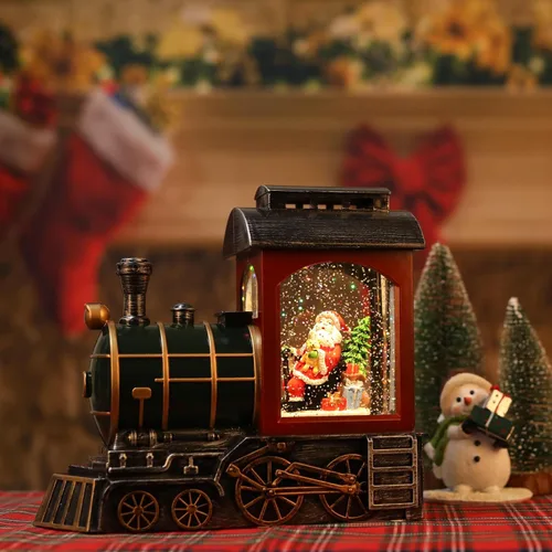 Miniatura 3 de Linterna de globo de nieve de tren rojo de Papá Noel, brillante, globo de nieve musical, decoraciones de Navidad, temporizador de 6 horas, funciona