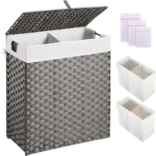 Greenstell Cesta para la ropa sucia con 2 bolsas de forro extraíbles – Cesta de ropa dividida de 90 L, cesta de lavandería plegable de ratán Gris