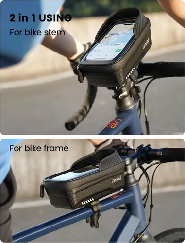 Miniatura 3 de Lamicall Paquete de 2 bolsas impermeables para marco de bicicleta, [versión 1s] [2 en 1], bolsa de teléfono para bicicleta, soporte para teléfono