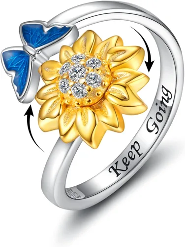 oGoodsunj Anillo antiansiedad de plata esterlina 925 para mujer girasol abeja mariquita mariposa giratorio anillos tranquilos regalos de joyería