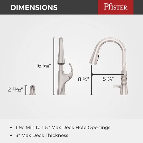 Miniatura 3 de Grifo de cocina Pfister Miri con rociador extraíble y dispensador de jabón, manija única, arco alto, acabado de acero inoxidable Spot Defense, Spot