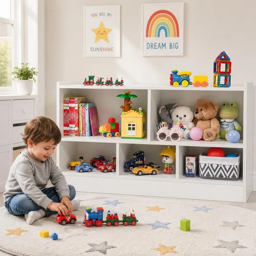 Miniatura 12 de HONEY JOY Organizador de almacenamiento de juguetes para niños, estante de almacenamiento de 5 secciones para preescolar, 2 niveles de madera Natural