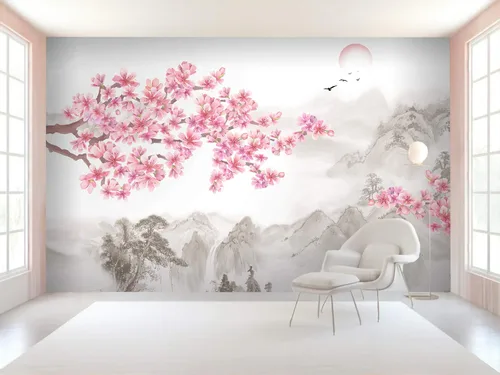 Murwall Floral Wallpaper Cherry Blossom Wall Mural Landscape Wall Art Chinese Home Decor Asiatic Cafe Design Natural Wall Pictures
