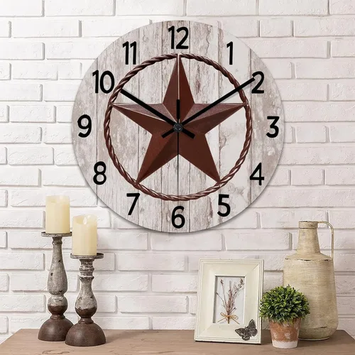 Miniatura 10 de Reloj de pared rústico de estilo retro clásico con estrella de Texas occidental, reloj de madera, silencioso, sin tictac, funciona