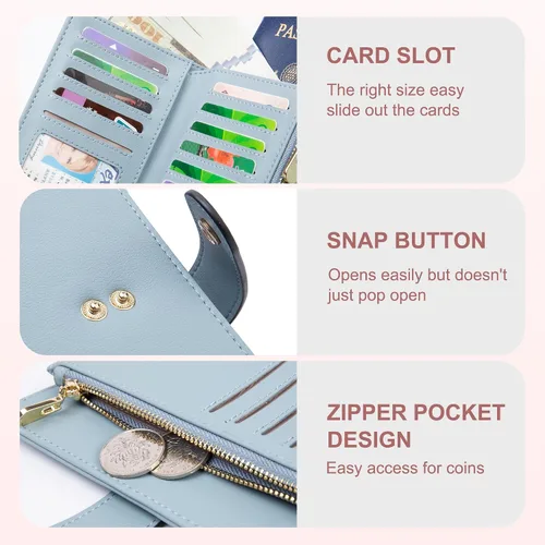 Miniatura 3 de yiijay Cartera para mujer con bloqueo RFID, de cuero vegano, triple pliegue, tarjetero para tarjetas de crédito, cartera de viaje con soporte
