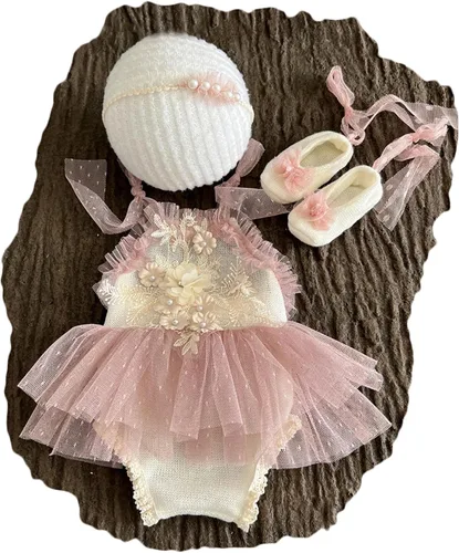 Miniatura 8 de Zeroest Conjunto de Accesorios para Fotografía de Recién Nacidos, Juego de Vestido de Encaje para Niña, Traje para Sesión de Fotos de Bebé Niña