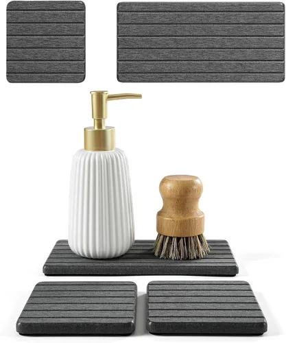 Miniatura 15 de Paquete de 2 bandejas de fregadero de piedra de diatomita, tapete de grifo absorbente de agua para encimera de cocina y baño, jabonera decorativa