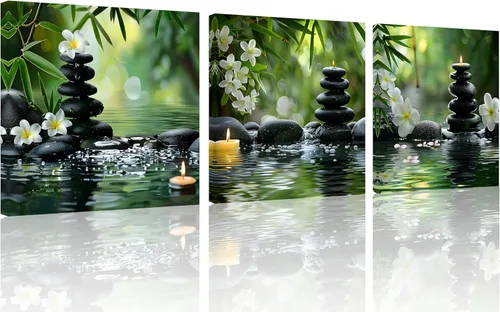 Miniatura 17 de TutuBeer 3 Paneles Arte Zen Decoración Spa Verde Bambú Decoración Rosa Aguas y Frangipani Imágenes Pintura Zen en Lienzo Impresiones Arte Bambú