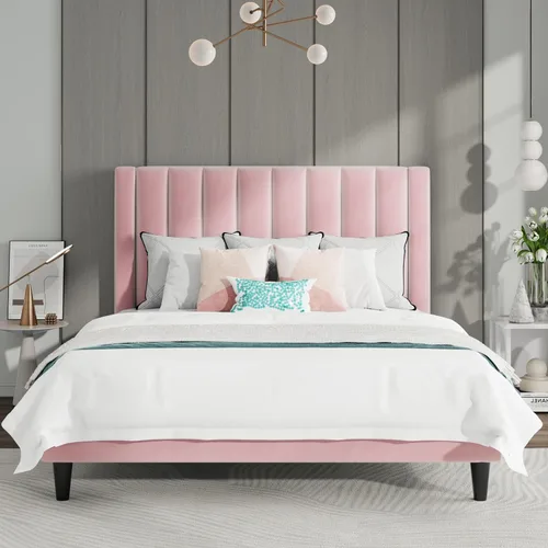 Miniatura 13 de SHA CERLIN - Base de cama tapizada de terciopelo tamaño completo con cabecero/Base de cama tapizada de plataforma con cabecero/Soporte de listones