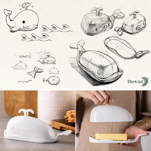 Miniatura 6 de DOWAN Mantequillera de Porcelana con Línea de Medición para Cortar, Mantequillera Grande con Forma de Ballena con Tapa de Diseño Antideslizante