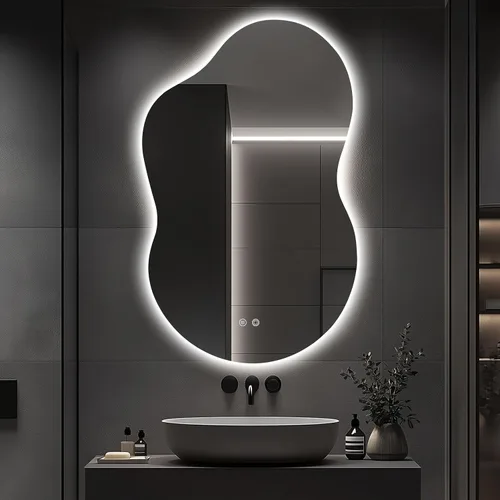 Miniatura 10 de Espejo de Baño LED Irregular con Luces, Espejo de Tocador de Baño LED Asimétrico para Pared con Retroiluminación, Antivaho, 3 Colores y Luz