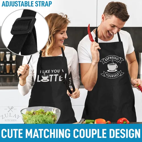 Miniatura 7 de Zulay - Paquete de 2 delantales divertidos para hombres y mujeres, delantales de cocina con correa ajustable para el cuello y 2 bolsillos grandes