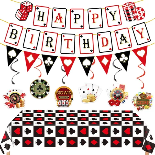 Decoraciones de fiesta temática de casino, pancarta de cumpleaños de casino, mantel de póquer, decoraciones colgantes en espiral de casino,