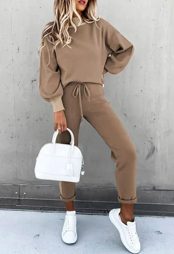 Miniatura 4 de Conjunto de 2 piezas para mujer, cuello alto, manga larga, sudadera y pantalones deportivos