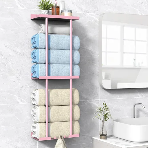 Miniatura 17 de Liuoud Toallero para Baño, Organizador Portador de Almacenamiento de Toallas Enrolladas Vertical Montado en la Pared con Estante, Sostiene Hasta 6