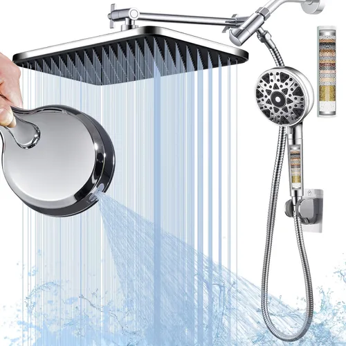 Cabezal de ducha doble con mano y filtro-Cabezal de ducha de lluvia de 14 pulgadas, cabezal de ducha de mano de alta presión con filtros para agua
