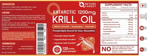 Miniatura 8 de Nature TARGET Aceite de krill de 1200 mg con omega-3 EPA y DHA con astaxantina, fosfolípidos y colina, apoya el corazón, el cerebro, la salud, sin