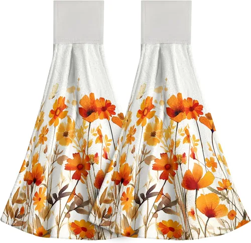 Miniatura 32 de Poppy Flower Hanging Hand Towels Set of 2,17x12 Inch Watercolor Chinoiserie Yellow Black Floral Soft Absorbent Dish Cloth Tie Towel for Kitchen