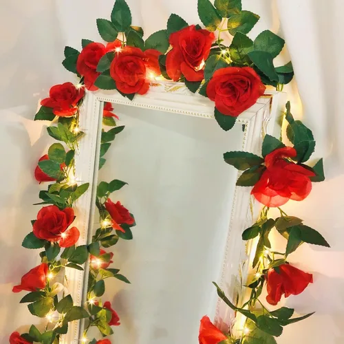 Guirnalda de luces artificiales de vid de rosas de 7.5 pies, funciona con pilas, guirnalda de flores de rosas para San Valentín, boda, dormitorio,