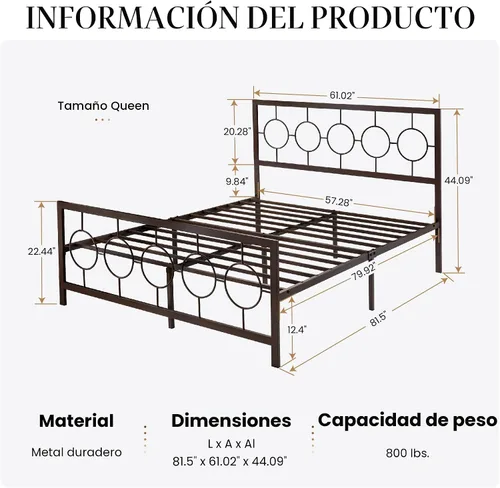 Miniatura 2 de SHA CERLIN Marco de cama de metal tamaño Queen con cabecero y pie de cama de diseño circular vintage, no requiere somier, fácil montaje, sin ruido