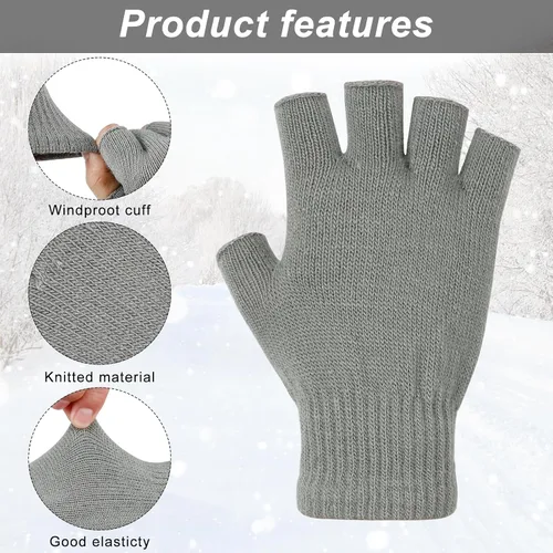 Miniatura 2 de Sumfox 4 pares de guantes negros sin dedos para mujeres y hombres, guantes unisex de medio dedo, guantes de punto, guantes elásticos de invierno