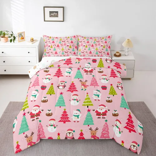 Erosebridal Juego de edredón de Feliz Navidad, tamaño individual, divertido edredón de Papá Noel para niños y niñas, edredón de plumón de pingüino