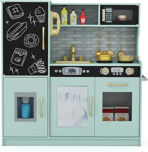 Miniatura 14 de Costzon Juego de Cocina para Niños, Set de Juguetes de Cocina de Madera de Simulación con Sonido Realista, Pizarra Grande, Teléfono, Microondas, gris