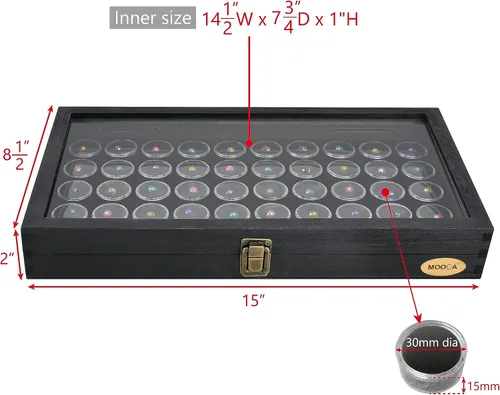 Miniatura 2 de MOOCA Caja de exhibición de joyería negra con parte superior de vidrio templado, 50 frascos de gemas, caja de anillos, organizador de joyas