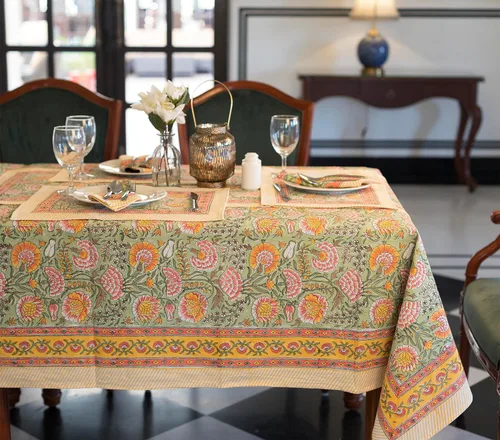 Miniatura 25 de Labhanshi Mantel rectangular de 6 plazas de algodón prelavado con estampado indio a mano, 60 x 90 pulgadas, diseño floral de algodón prelavado