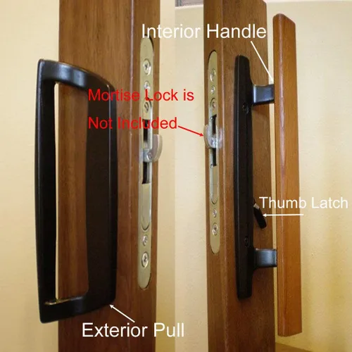 Miniatura 4 de Juego de manijas de puerta corredera reversible de estilo muesca para patio con manija interior de madera de roble y tirador exterior en acabado