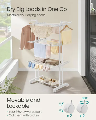 Miniatura 3 de SONGMICS Soporte de secado de ropa de 4 niveles, estante de secado de ropa plegable de 68.1 pulgadas de alto, acero inoxidable, estante de secado